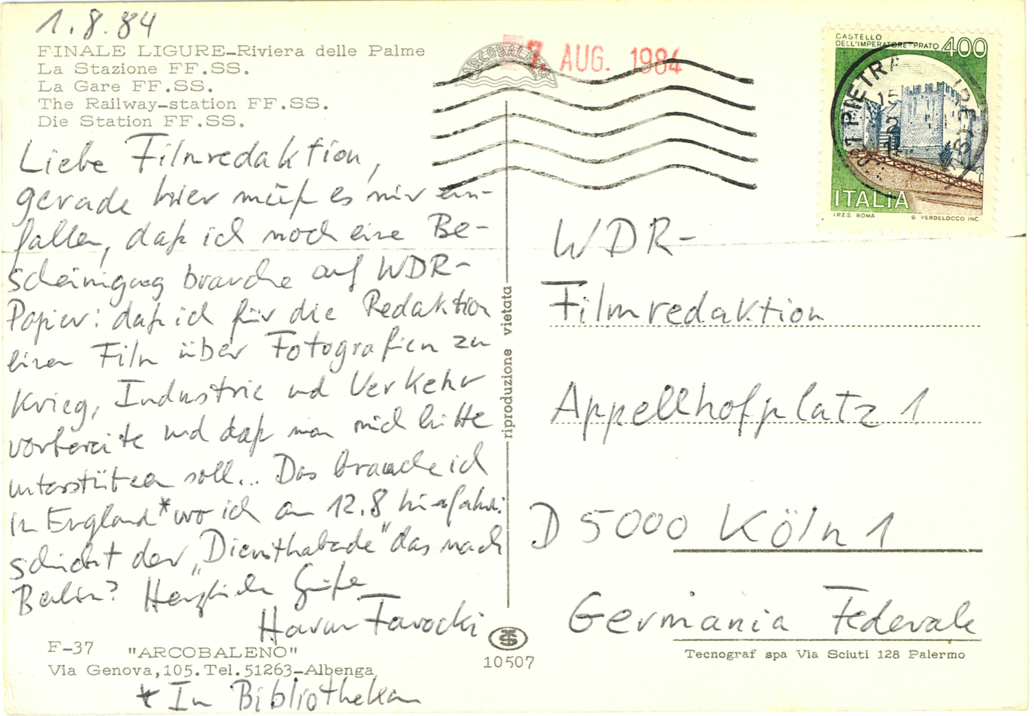 Postkarte Filmredaktion 1984 recto